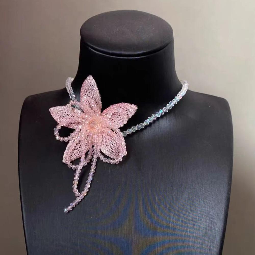 Sweater Chain Pink Flower Crystal Flower Choker Beaded Chain Y2K Pearl Beaded Choker Wedding Jewelry