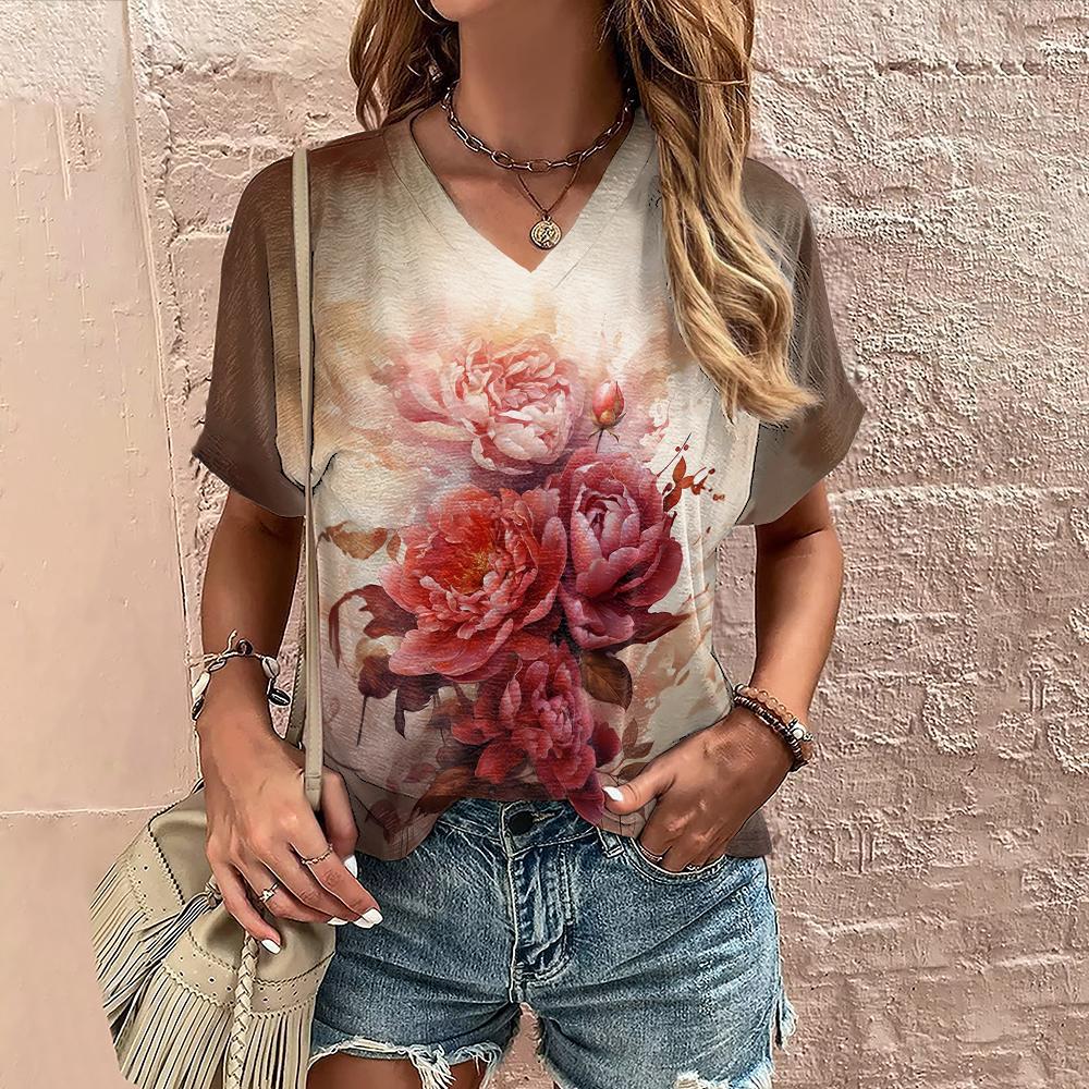 Flower 3D printed T-shirt for women, V-neck short sleeved