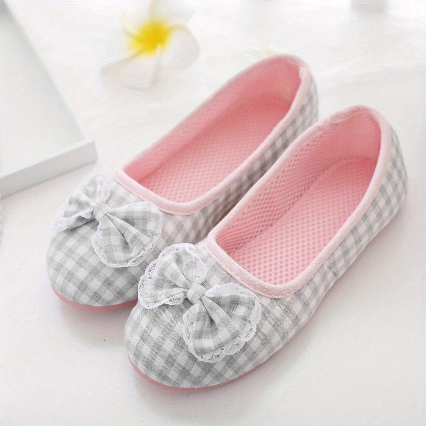 Cartoon Lattice Bow Slippers Home for Womens Indoor Bedroom House Lili Female Shoes Pink/Gray, Women Shoes