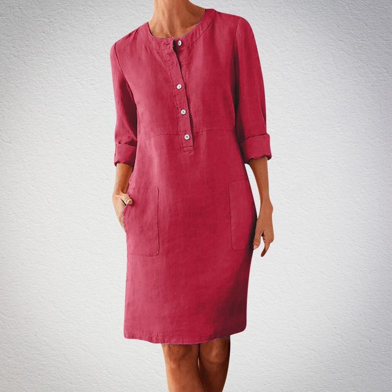 Large Size Women's Cotton and Linen Round Neck Long Sleeved Dress