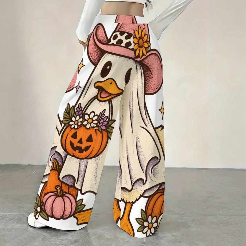 Women Plus Size Loose Straight Leg Pants Halloween Cartoon Duck Printed Full Length Casual Trousers