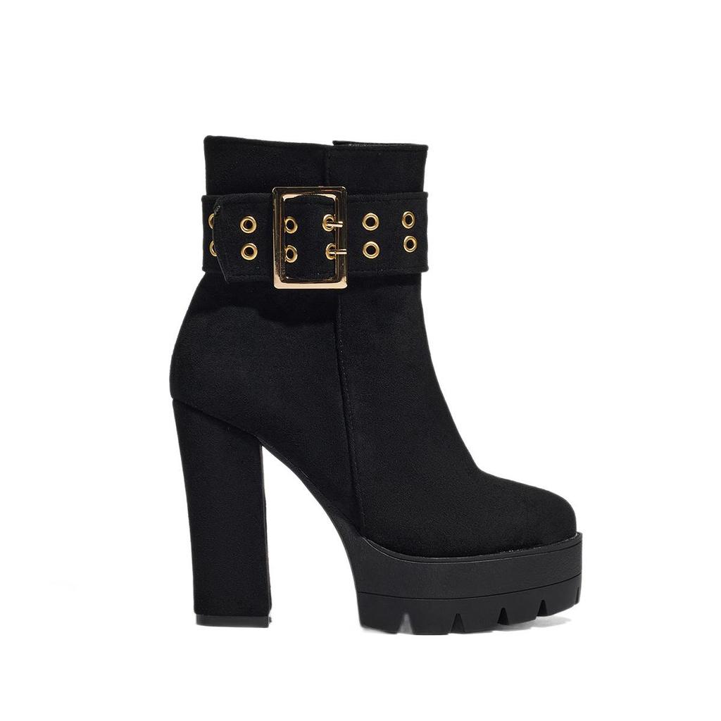Women's Suede Chunky Heel Boots with Platform, Side Zipper, and Metal Decoration