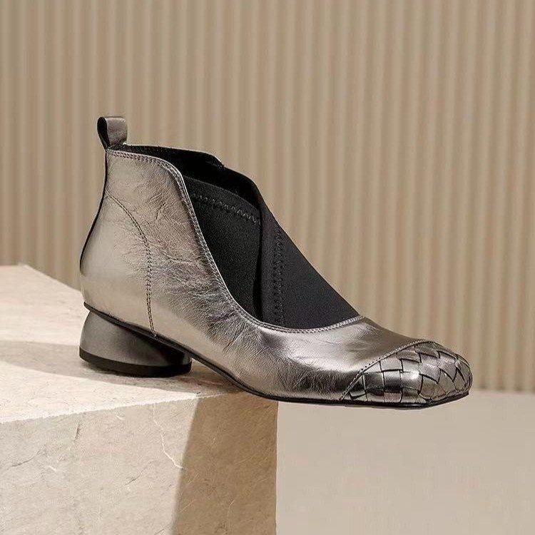 Retro thick heel fashion short boots autumn new embossed square head single boots soft leather low heel boots soft sole