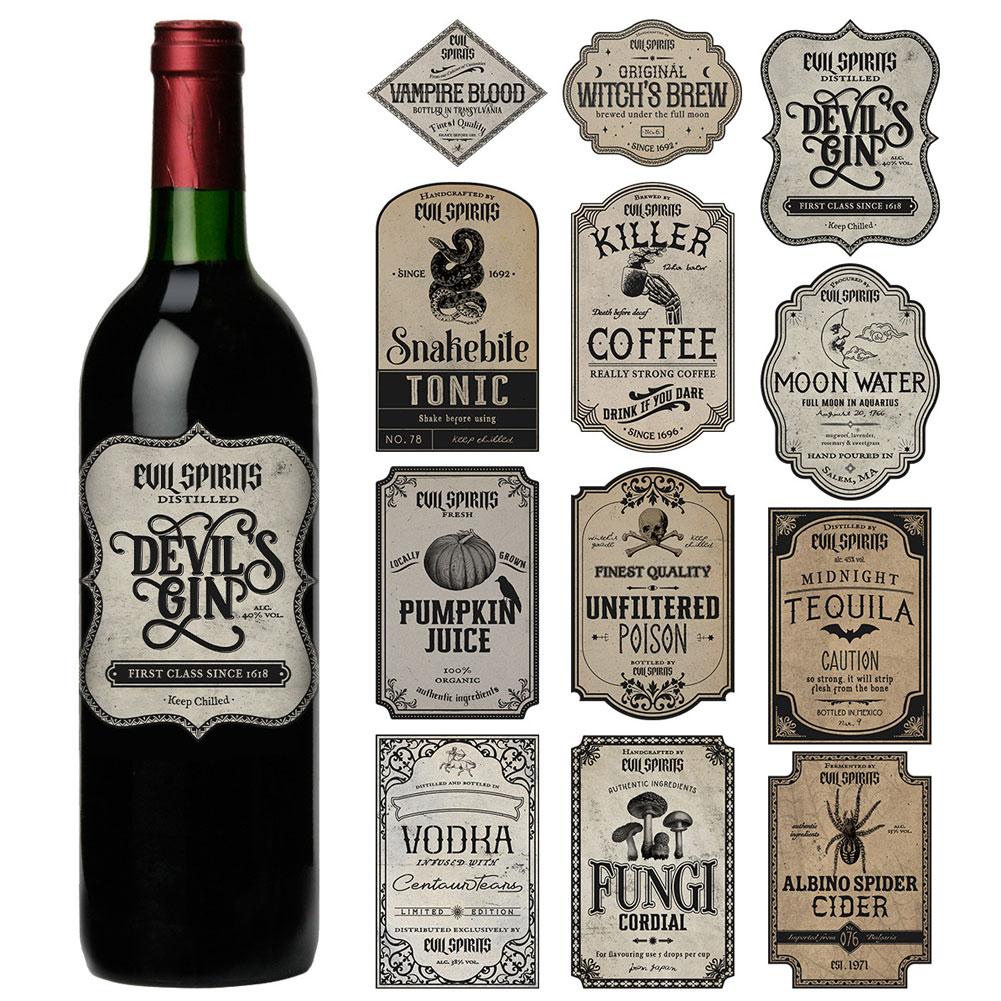 12Pcs/Pack Halloween Wine Bottle Labels Stickers Terror Skeleton Decorative Stickers for Beer and Beverages