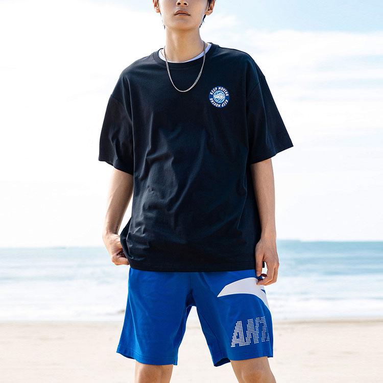 Anta Letter Pattern Printed Casual Sports Round Neck T-Shirt Unisex Tops Black 952228144-3