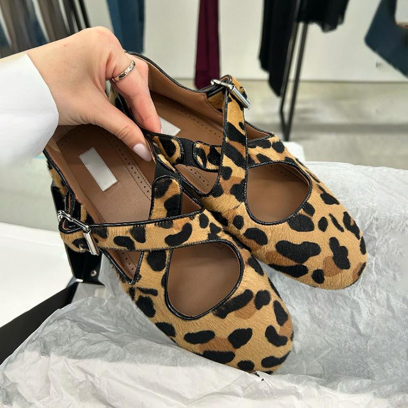Sheepskin Version~ Niche Leather Leopard Print Cross Soft-sided Ballet Shoes Horse Hair Mary Jane Shoes Shallow Mouth Flat Shoes