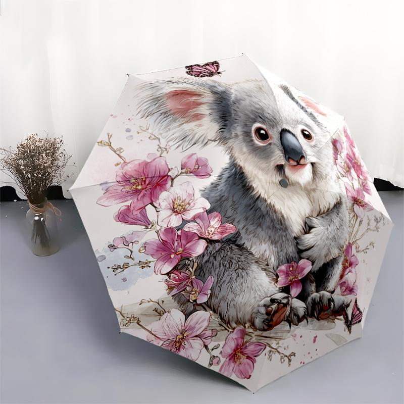 Fantasia koala rosa, ombrello pieghevole automatico, design portatile e pieghevole, 8 stecche, un regalo di Natale o di compleanno.