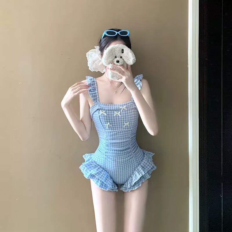Sweet Feminine Ruffled Waist-Cinching One-Piece Swimsuit Women Blue Plaid Quick-Dry High-Elastic Plus Size M/L/XL