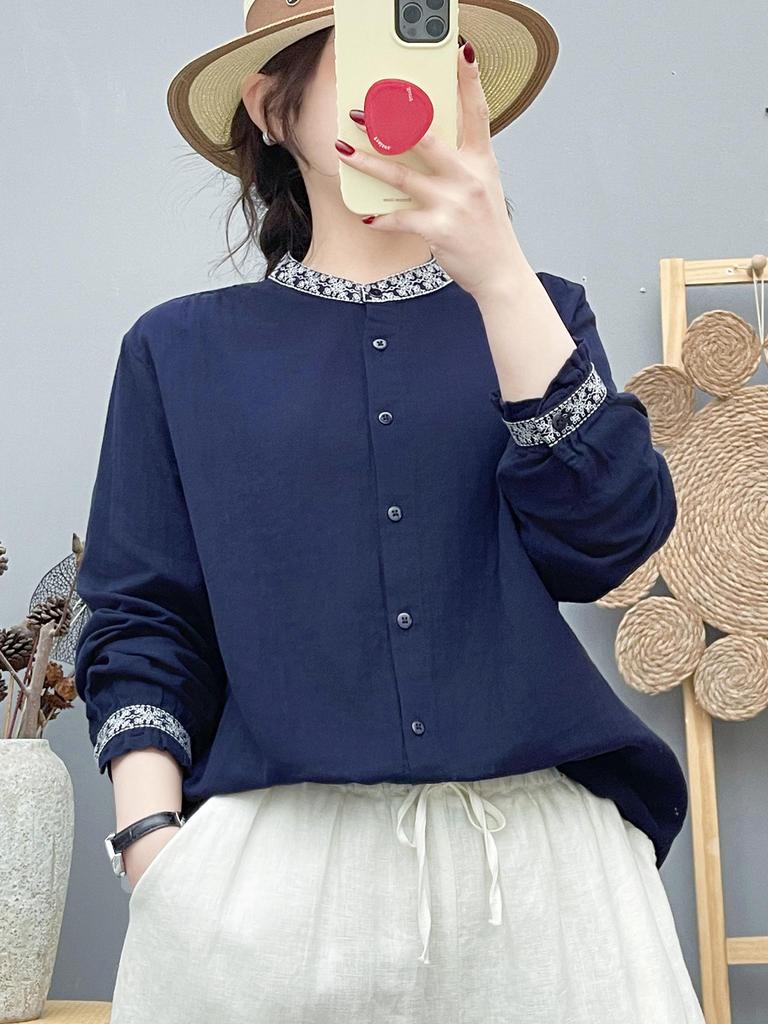 Women's Long Sleeve Stand Collar Embroidered Cotton Gauze Shirt - Ethnic Style, New Chinese Trend