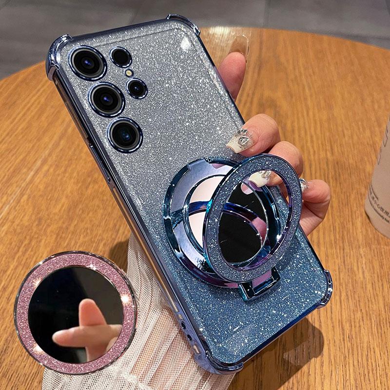 Glitter Soft Silicone Case for Samsung Galaxy S26 Ultra S25 S24 S23 S22 Plus A17 A37 A57 A36 A56 A55 A54 Mirror Stand Lens Protect Shockproof Cover