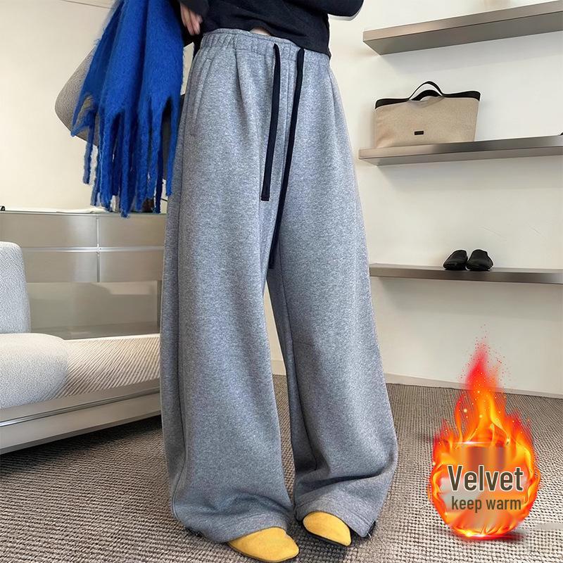 

2025 Autumn/Winter Women s Thickened Wide-Leg Pants: Versatile, Elastic Waist, Plus Velvet, Slimming, Curved Leg, Casual Style. L (55-62.5 kg) светло-серый