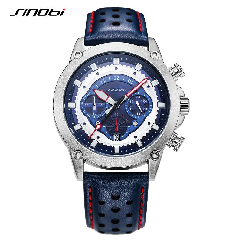 SINOBI New Fashion Sports Mens Watches Stainless Steel Chronograph Man Quartz Wristwatches Luminous Hands Male's Calender Clock