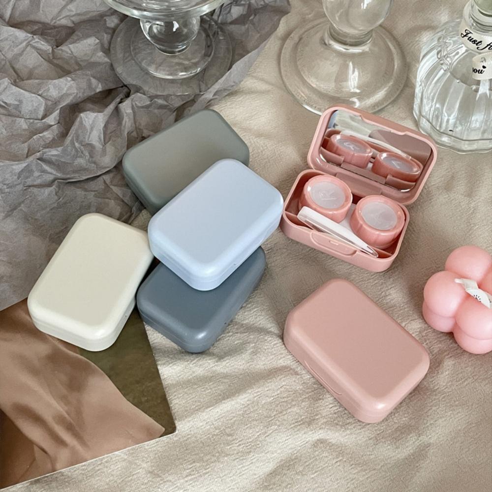 Portable Contact Lens Case Mirror Tweezers Suction Stick Macaron Color Mini Square Eye Care Storage Box Travel Container Holder