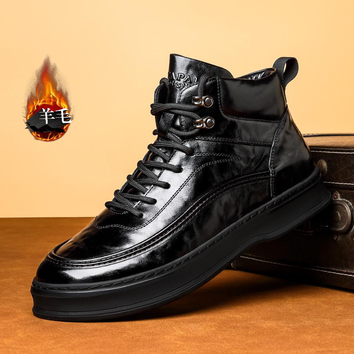 

Мужская обувь 2025 осень и зима бархатные высококлассные хлопковые туфли первый слой воловьей кожи шерсть высокие кожаные кеды износостойкие и нескользящие тренд 43