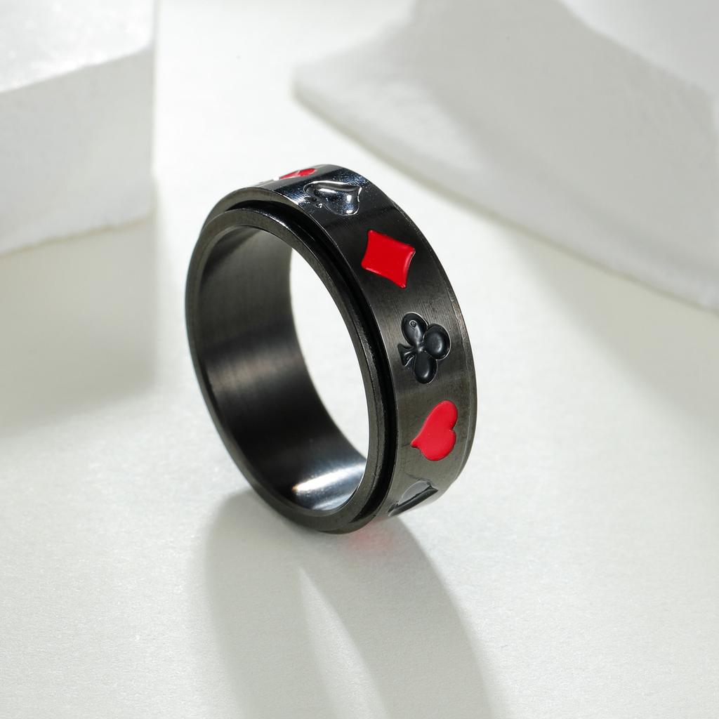 8mm Black Stainless Steel Rotatable Ring for Men Punk Vintage Lucky Playing Card Poker Mens Accessories