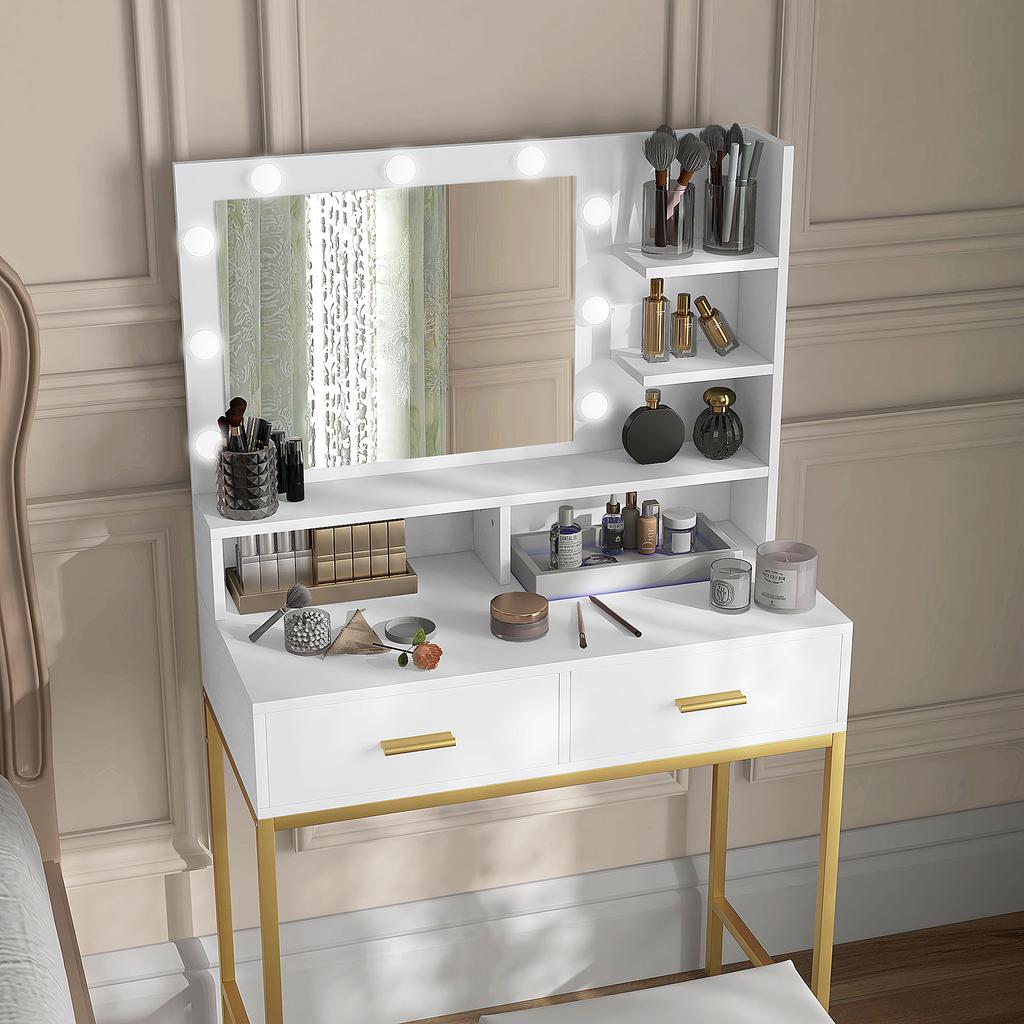 Schminktisch mit Spiegel, 2 Schubladen, 5 Regalen und Hocker, aus MDF und Spanplatte, 80x40x138 cm, Weiß