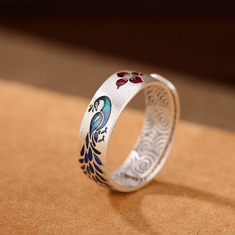 Guochao Enamel Lotus Peacock Ring - Ethnic Chinese Retro Style, Adjustable Women's Jewelry