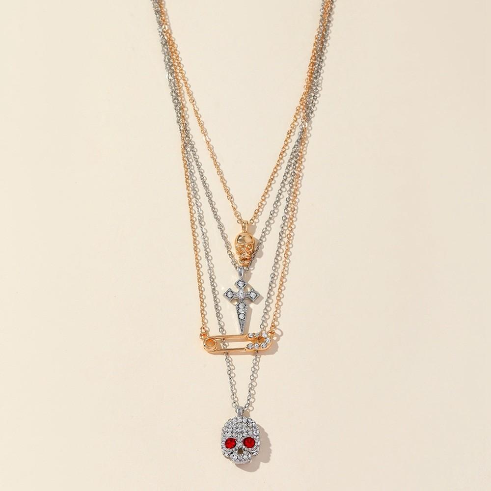 Halloween Cross Skull Pendant Necklace With Alloy And Water Wave Chain For Women