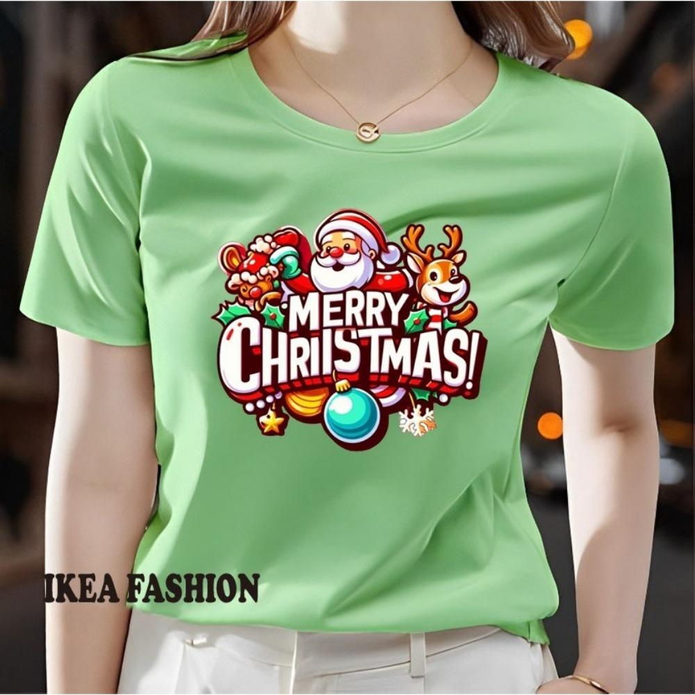 Large Women's Christmas Pattern Printed T-shirt - Short Sleeve Round Neck Casual Top