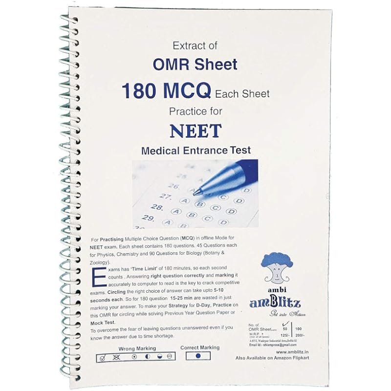 Amblitz Practice OMR Sheet 180 MCQ 100 Sheet Spiral Notebook