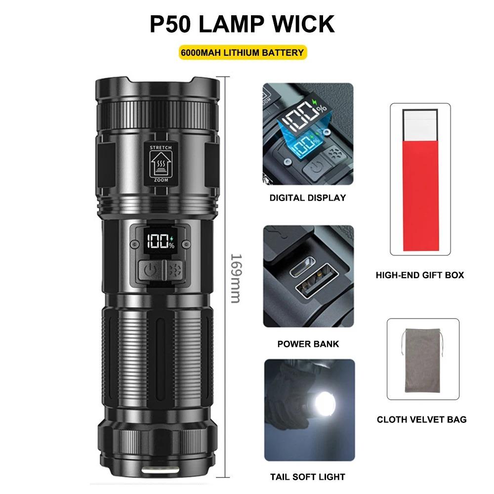 Superhelle LED-Taschenlampe, wiederaufladbar, Typ C, 9000 mAh, XPH90 COB-Taschenlampe mit Digitalanzeige für den Außenbereich