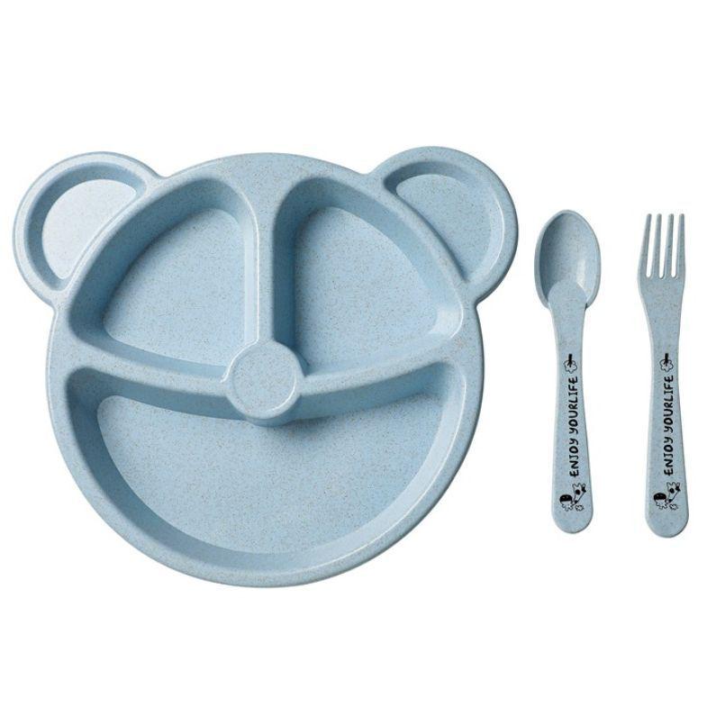 Panda-Themed Wheat Straw Children's Dinnerware Set - 3 Pieces: Divided Plate, Spoon, and Fork