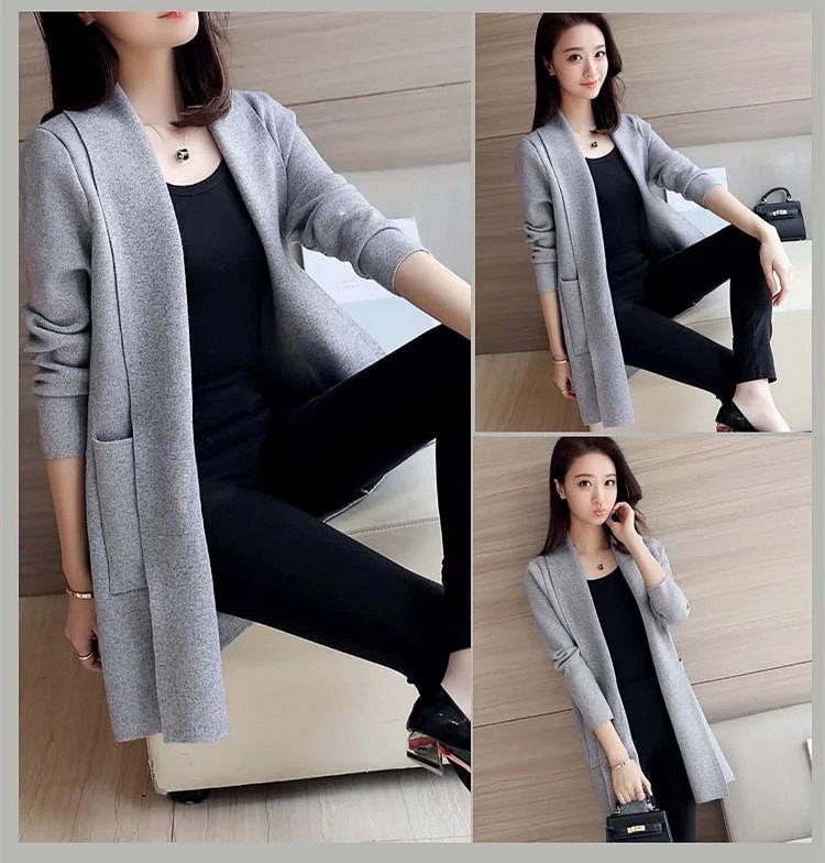 Autumn and winter new Korean version versatile loose pocket medium and long cardigan jacket women's long sleeves