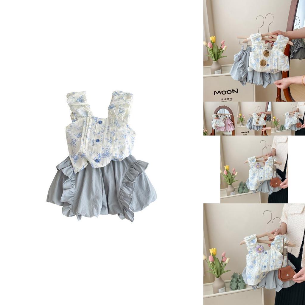 Cute Sweetheart Blue Floral Sleeveless Top And Short Pants Baby Girl Set
