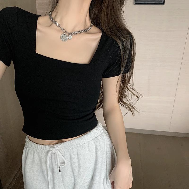 Summer New Slim-fit Inner Square Neck Short-sleeved T-shirt Women's High-waisted Short Open-button Bottoming Shirt Top Women's Clothing