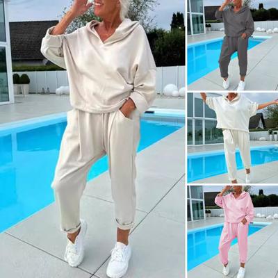 2 Pcs/Set Women Spring Autumn Top Pants Set Hooded Pure Color Long Sleeves