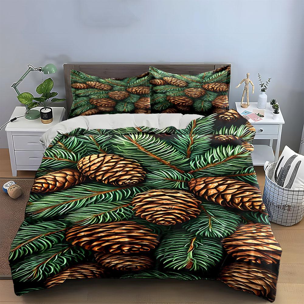 Pinecones and Evergreen Pattern Bedding Duvet Cover Set Duvet Cover Pillowcases (1*Duvet Cover 2*Pillowcases, Without Duvet Insert)