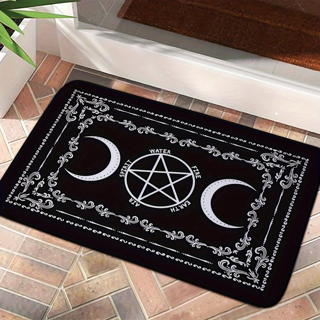 Occult Moon Pentagram Doormat Wiccan Element Symbol Print Black and White Gothic Floor Rug for Home Porch Living Room Bedroom
