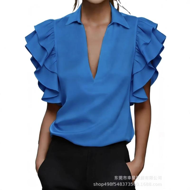 Women S Short Sleeve V Neck Ruffle Shirt Summer Casual