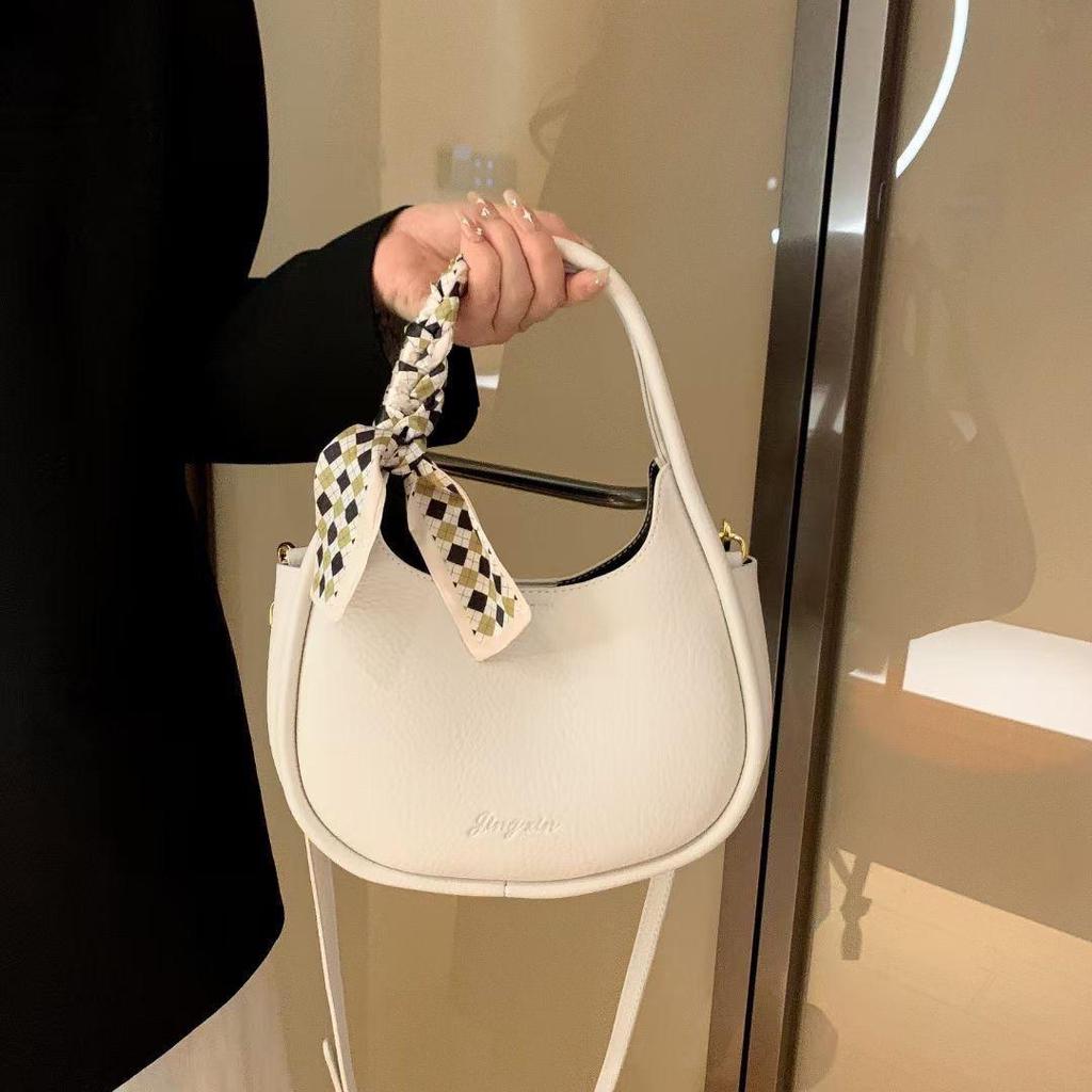 Women's Round Textured Silk Scarf Handbag - 2025 Soft Leather Crescent Style, Fashion Lychee Grain Shoulder Bag