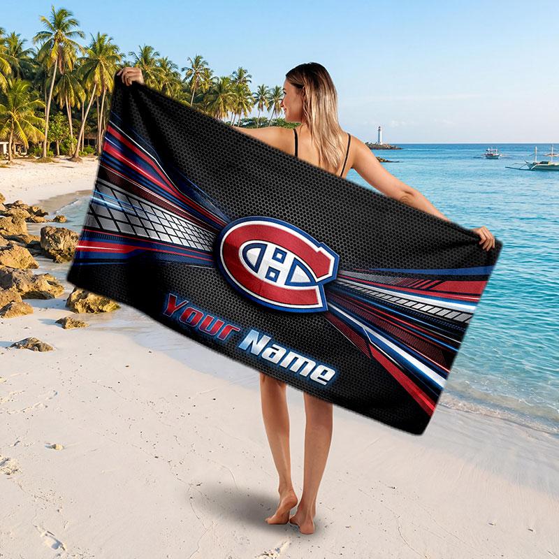 Montreal Canadiens Customized Name Text Beach Towel, Soft Absorbent Towel Beach Pool Travel Personal Gift