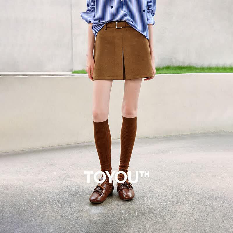 Chuyu Suede-Look Pleated A-Line Skort with Belt L
