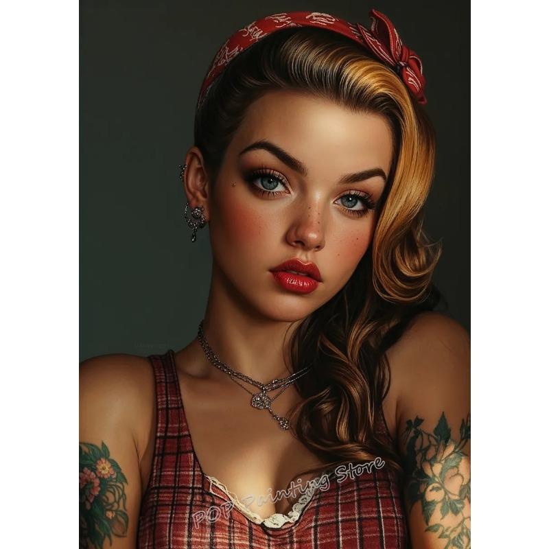 

Vintage Rockabilly Wall Art Rebel Girl with Tattoos Canvas Print Retro Golden Era Fashion Poster for Living Room Home Decor Gift 21cm×30cm NoFrame
