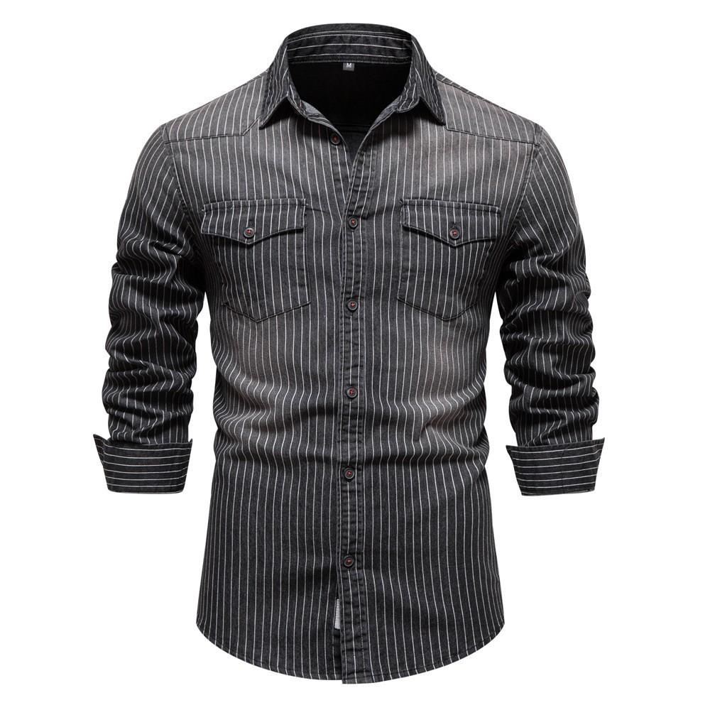 Men's Washed Vintage Striped Denim Shirt, Long Sleeve Distressed Jean Button-Up Shirt, Casual Denim Top