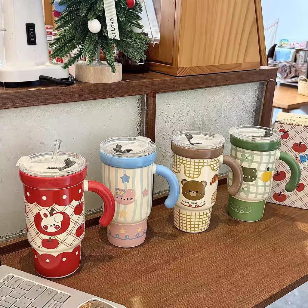 Hochwertiger Strohbecher mit Deckel Keramiktasse Große Kapazität Wasserbecher Mädchen Zuhause Geburtstagsgeschenk Souvenir