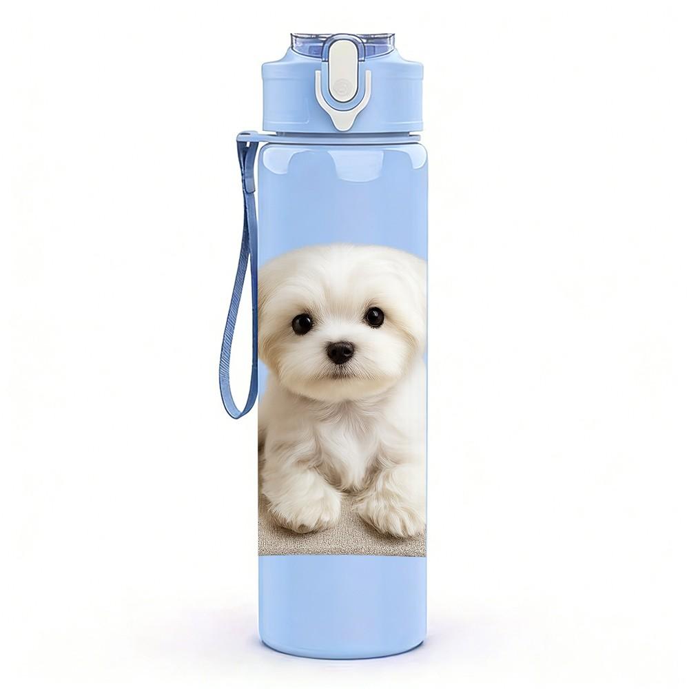 1PC Tiny White Puppy Standing Up 750ml Color Plastic Sports Water Bottle Leakproof Flip Straw Lid Suitable for Sports Office Home Use