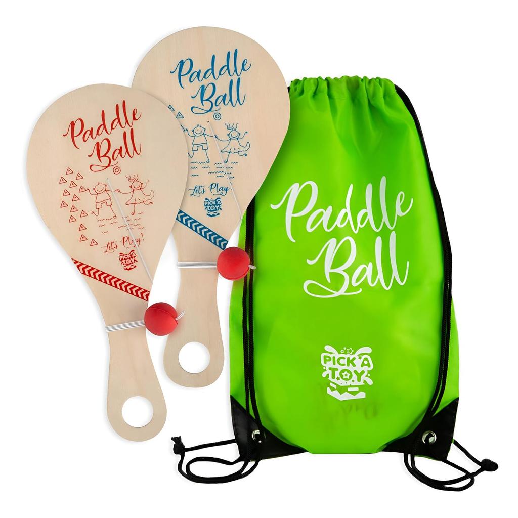 PICK A TOY Wooden Paddle Ball Toys of with Green Carry Bag Indoor Outdoor Fun and Classic Paddle Ball Game for Boys and Party Favor Toy for Ages 4 and