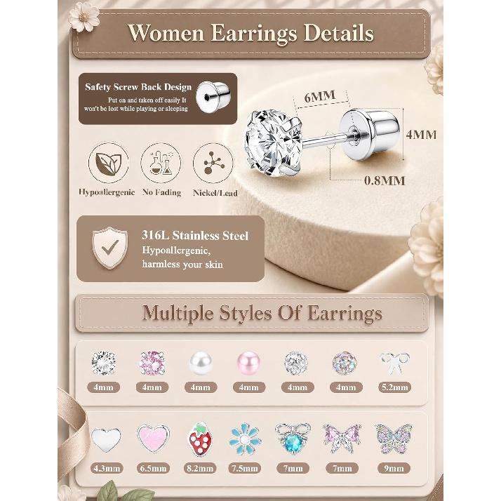 14 Pair Hypoallergenic Stud Earrings for Women Surgical Stainless Steel Screw Back Earrings for Sensitive Ears Cute Pearl Bow Heart Butterfly Studs