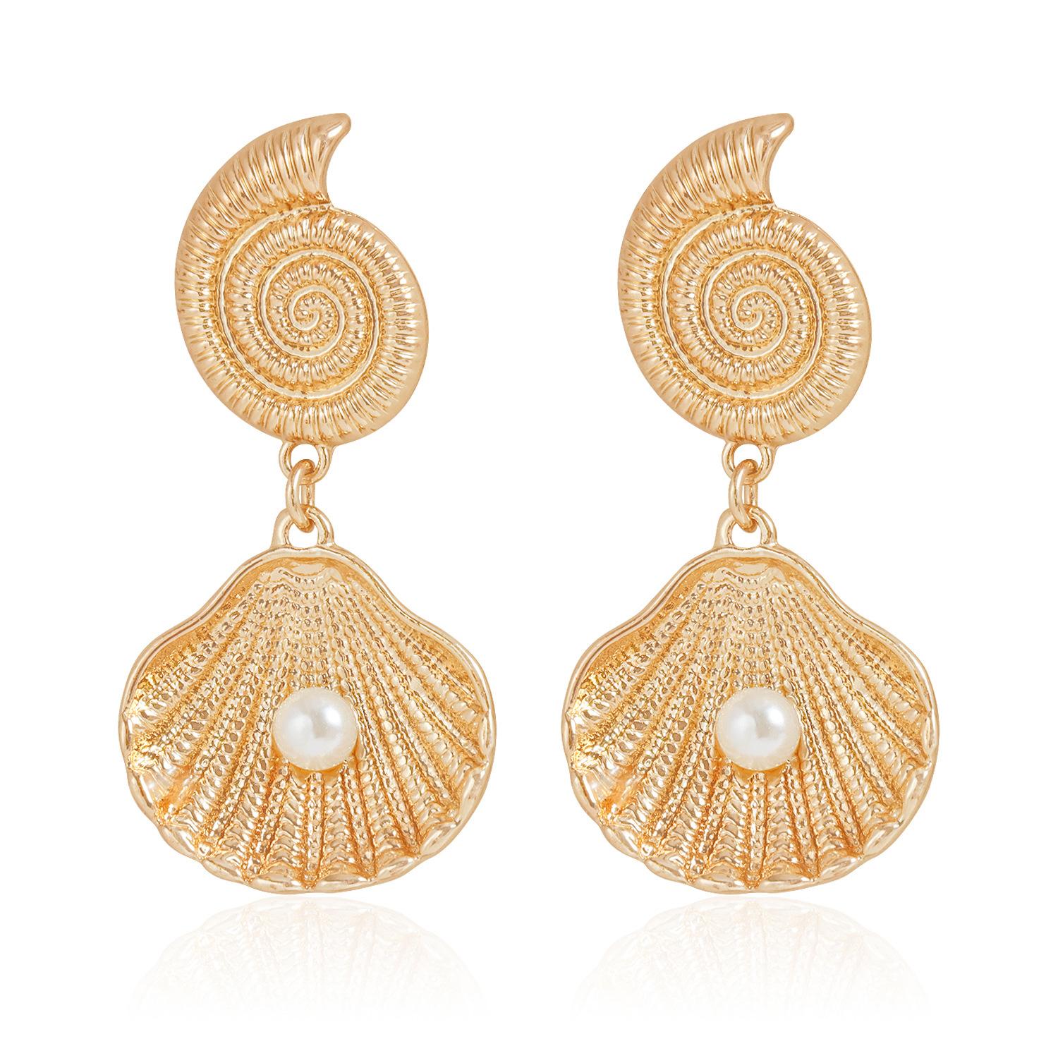 

Summer Beach Vacation ins Wind Seashells Conch Stud Earrings Symmetrical Pearl Embellished Earrings золотий