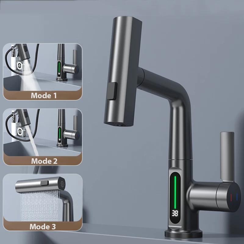 

Stainless Steel Waterfall Washing Faucet with Digital Temperature Display Dual Hot and Cold Function Ceramic Valve