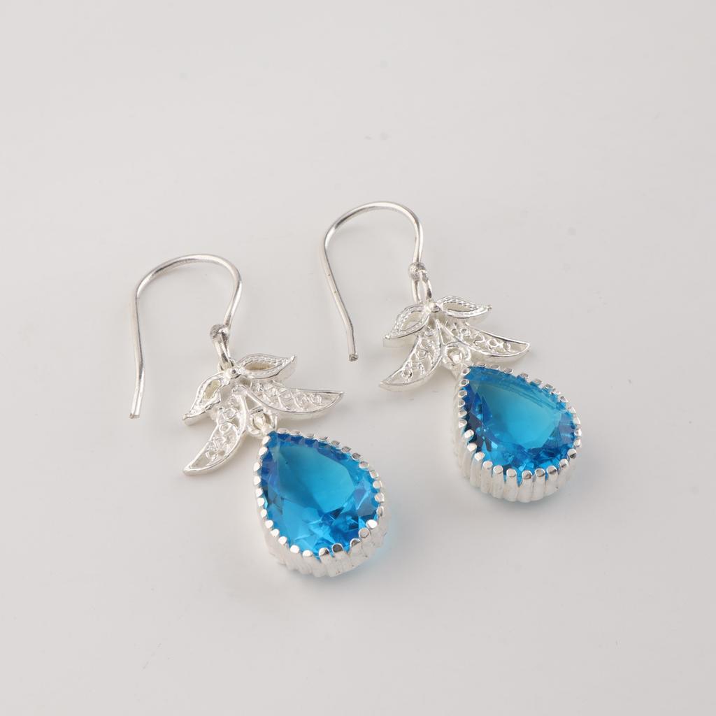 Swiss Blue Topaz Gemstone 925 Sterling Silver Jewelry Handmade Women Earrings 1.84" CE-27-3