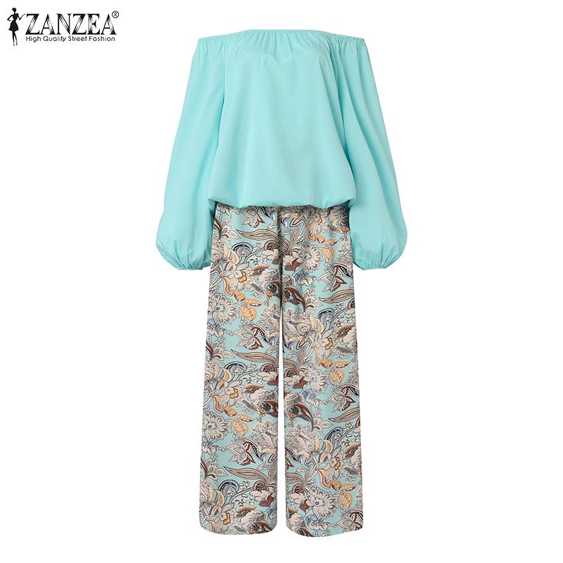 

ZANZEA Весна Женщины 2 шт. Оттенки Рукава-буфы Топы Длинные брюки с принтом