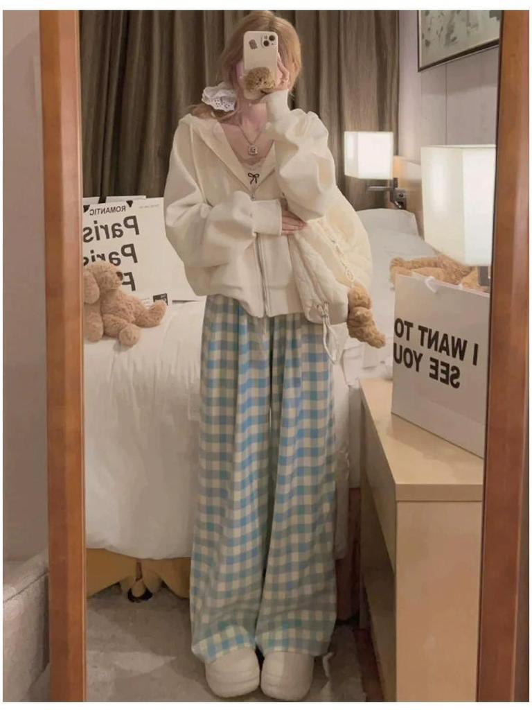 Petite Women's High-Waist Plaid Wide-Leg Pants in Blue - Summer Collection