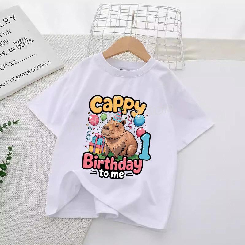 Capybara Numbers Round Neck Clothes Children Birthday T-Shirts Cartoon Tops Summer Girl T Shirt Animal White Shirts Kid Clothing