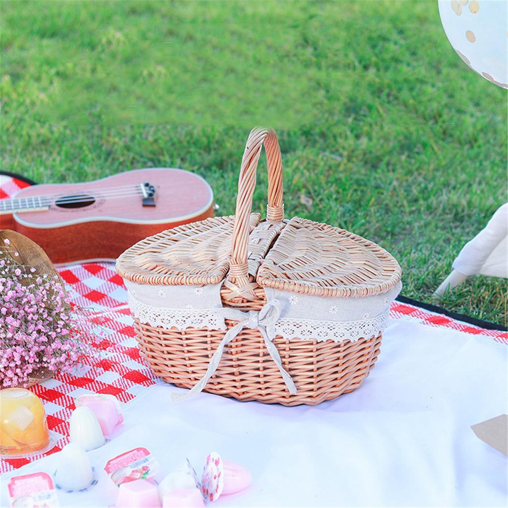 Woven Wicker Picnic Basket With Double Lids And Handle With Washable Lining Basket For Eggs, Candy, Flowers Rattan Cottage Style Storage
