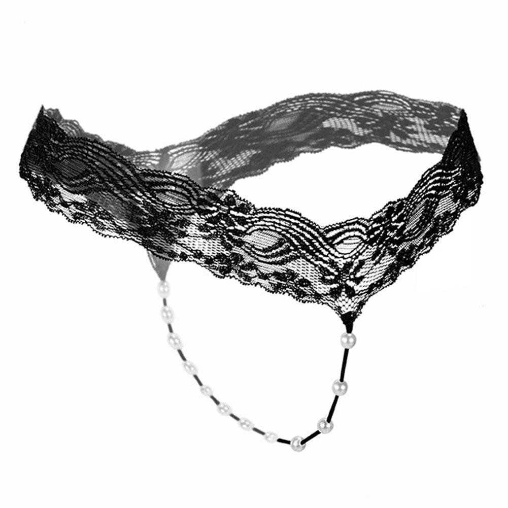 Women G String Faux Pearls Lace See Through Transparent